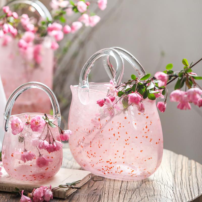 Pink Bucket Glass Handbag Bag Vase Ornament Creative Internet Celebrity Ins Feng Hydroponic Vase