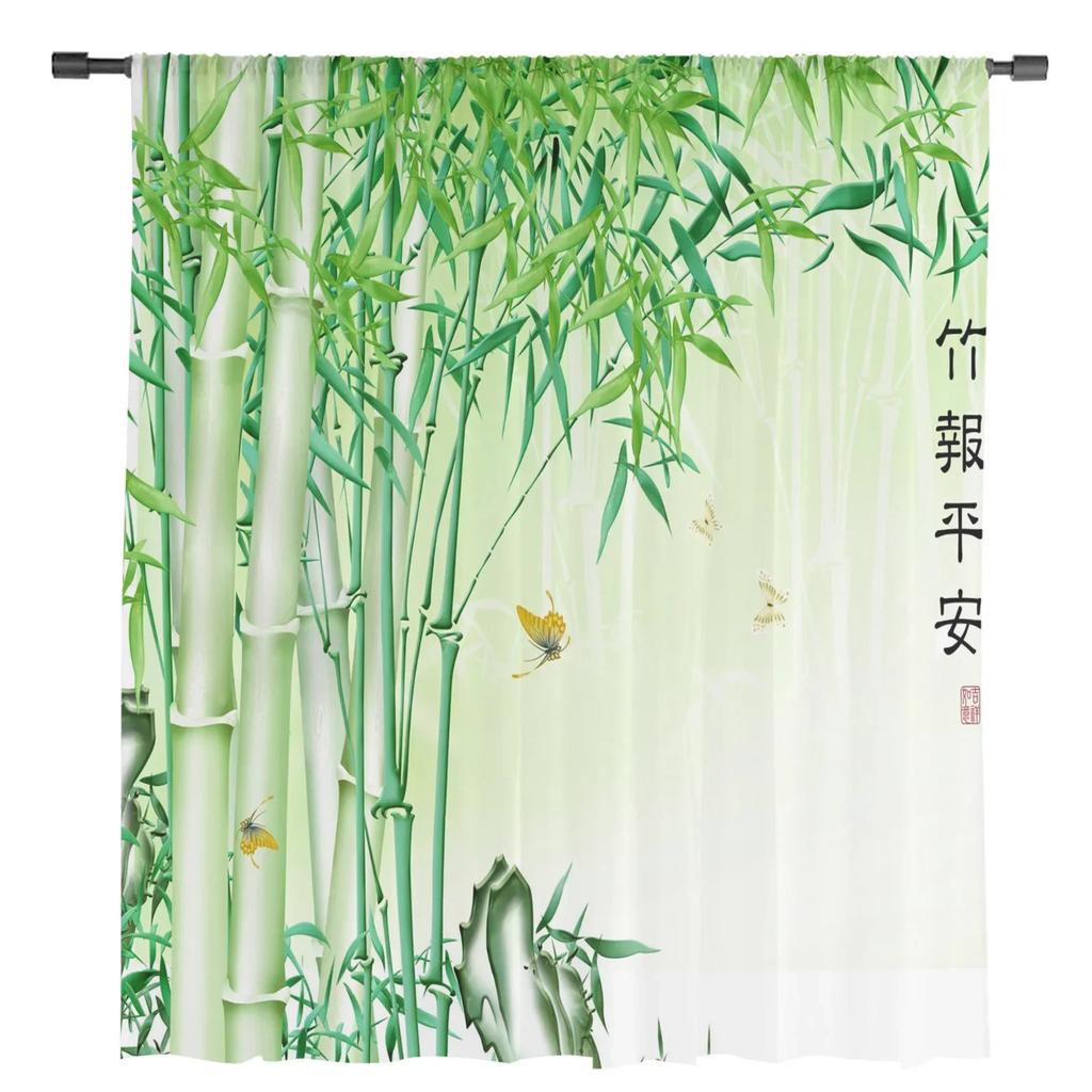 Green Bamboo Butterfly Chinese Style Tulle Sheer Curtains for Living Room Decor Window Curtain for Bedroom Voile Organza Drapes