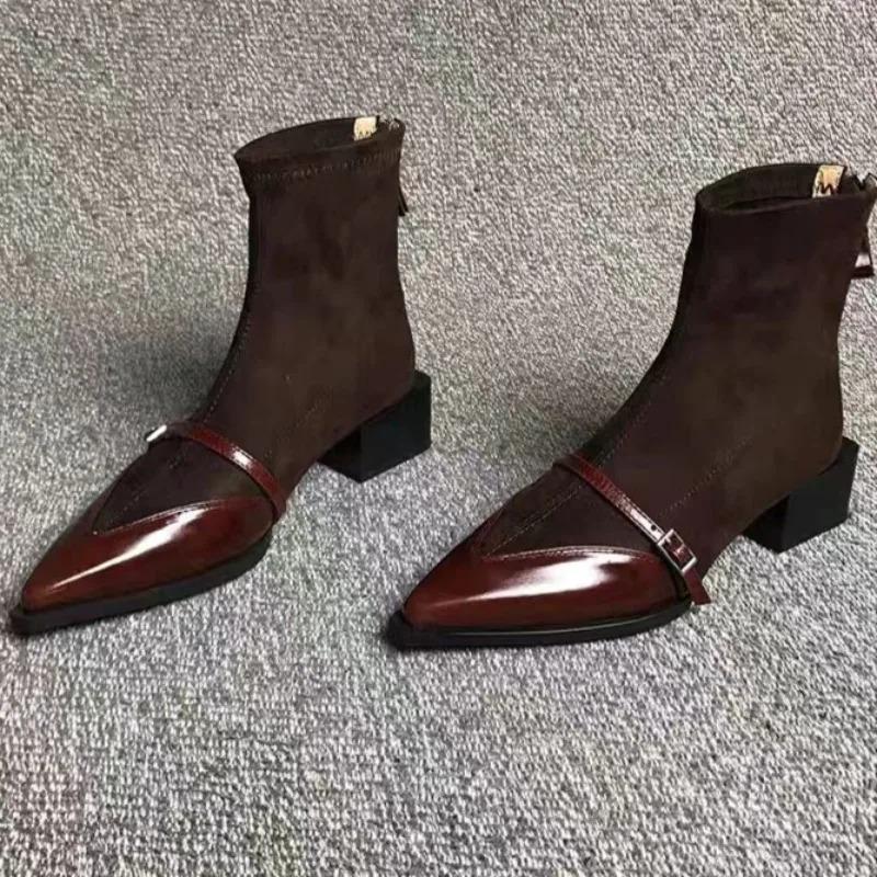 Autumn Women's Versatile Fashion Pointed Thick Heel Niche Design Suede Short Boots  2026  New Splicing Short Boots Plus Size