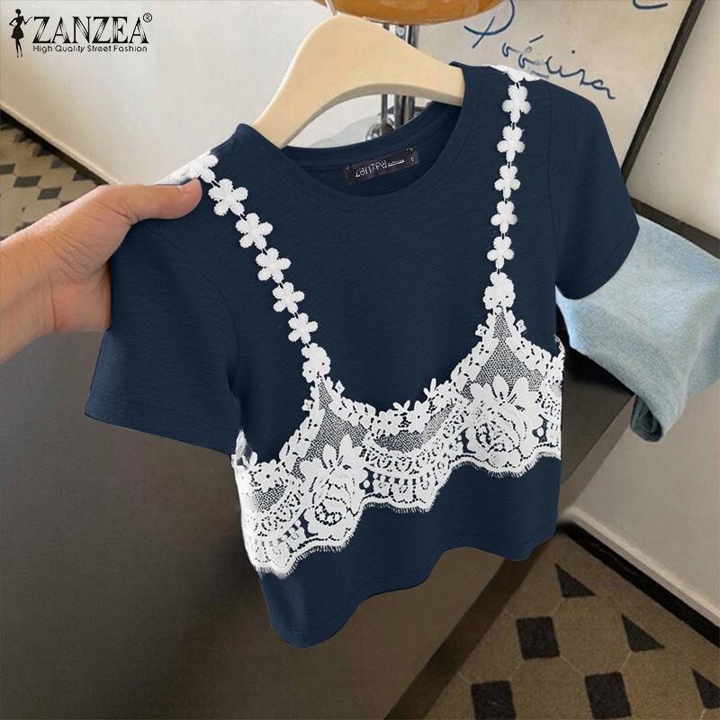 ZANZEA Women Summer Round Neck Lace Patchwork Casual Short Sleeve T-shirt