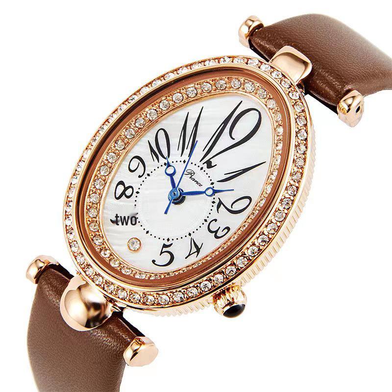 Women's Luxury Oval Leather Strap Watch with Diamonds