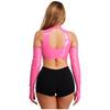 Damen Glänzendes PU Cropped Top Cold Shoulder Langarm Ausgeschnitten Rollkragen Pullover