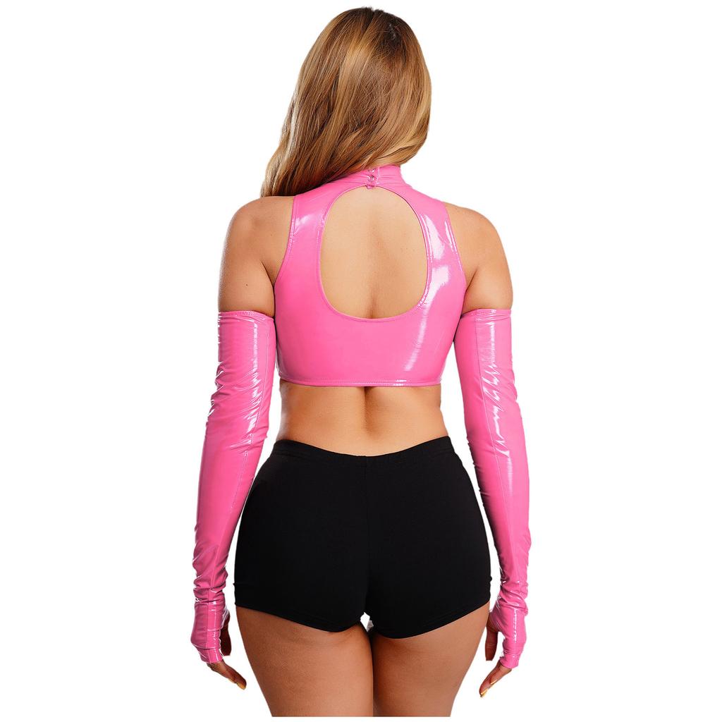 Damen Glänzendes PU Cropped Top Cold Shoulder Langarm Ausgeschnitten Rollkragen Pullover