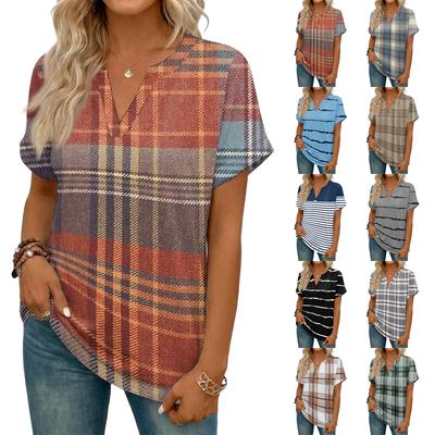 Stylish Women's Casual V,neck Short,sleeved Striped Plaid Print T,shirt