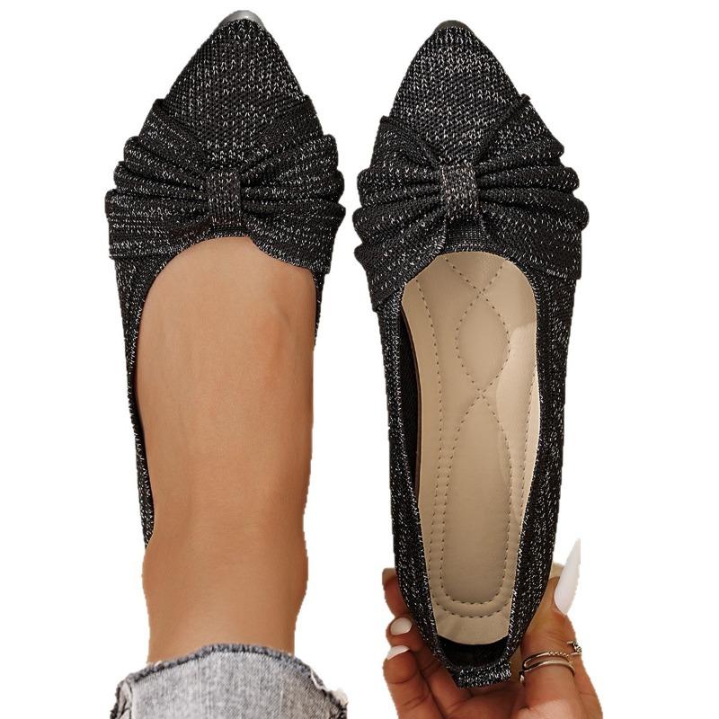 Women's Wide Width Flyknit Slip-On Flats - Bow Detail Low-Cut Loafers for Work, Breathable Casual Shoes