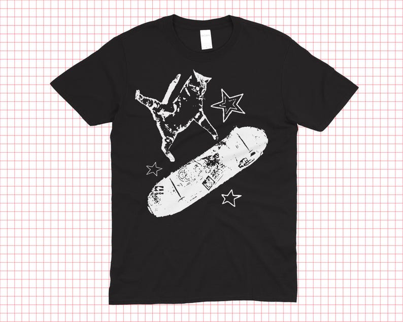 Skateboarding Cat Graphic Tee – Y2K Rockstar Grunge T-Shirt 110