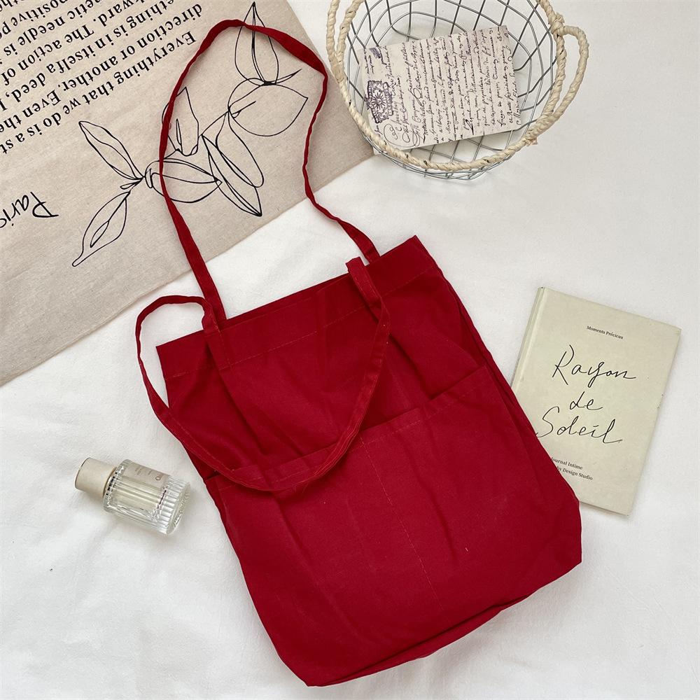 Solid Color Front Bag White Canvas Tote Bag Literary Shoulder Bag Student Large Capacity Bag