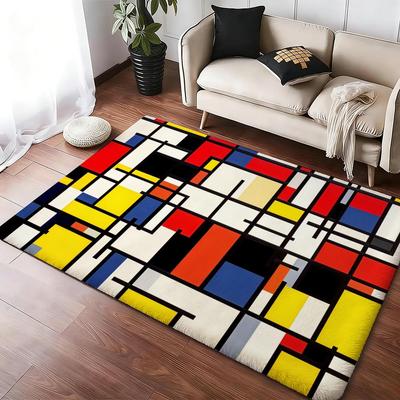 Abstract Geometric Mondrian Print Floor Mat Cozy Flannel Soft Thick Non-Slip Mat For Living Room Bedroom Kitchen Decor Rugs