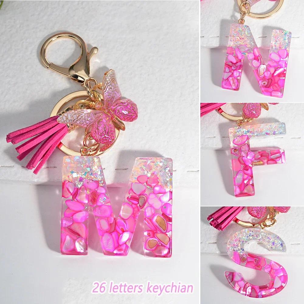 Gradient Pink Jewelry Letter Keyring Resin Letter Keychain with Fringe Butterfly DIY Bag Decoration Pendant Party Gift