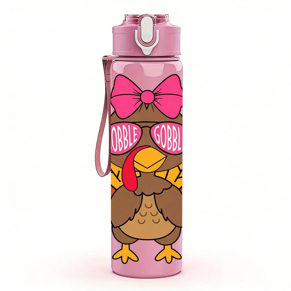 1PC Thanksgiving Turkey Fall Cartoon Print 750ml Color Plastic Sports Water Bottle Leakproof Flip Straw Lid Suitable for Sports Office Home Use