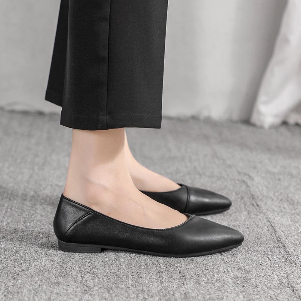 Women's Black Pointed-Toe Work Shoes - Soft Leather Shallow Mouth, Flat Soft-Soled, Comfortable for Interview/Flight Attendant, XCY36-357