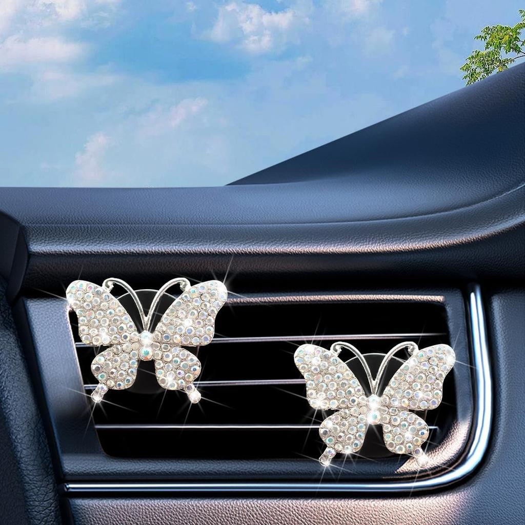 2PCS Bling Butterfly Car Freshener Air Vent Clips, Sparkling Crystal Rhinestone Auto Diffuser Clamps, Full Diamond Vehicle Interior Decoration Charm