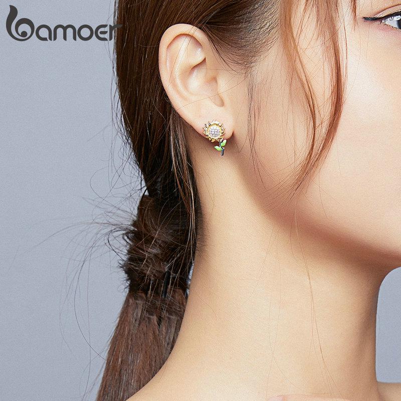 BAMOER Genuine 925 Sterling Silver Sunflower Stud Earring for Women Jewelry