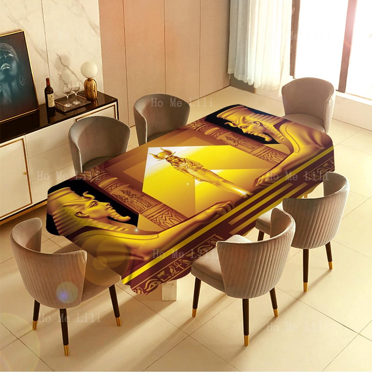 Nappe Rectangle Thème Sphinx Reine Égyptienne Temple Doré Pharaons Royaux Pyramide Pour Décoration de Table 100x140cm