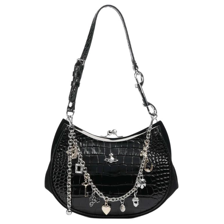 

Жіноча сумка через плече Vivienne Westwood West Queen Charm Frame Sphere Pattern з тисненням з телячої шкіри під крокодила, чорного кольору 4B01000PWL0098N402 Basic Set (Bag+Dust Bag)