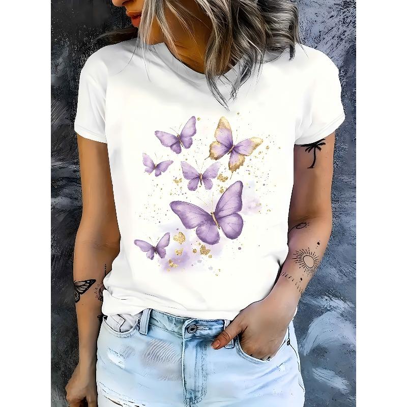 Women's Purple Butterfly Print Tee Round Neck Short Sleeve Lovely Casual Fashion Gifting Top