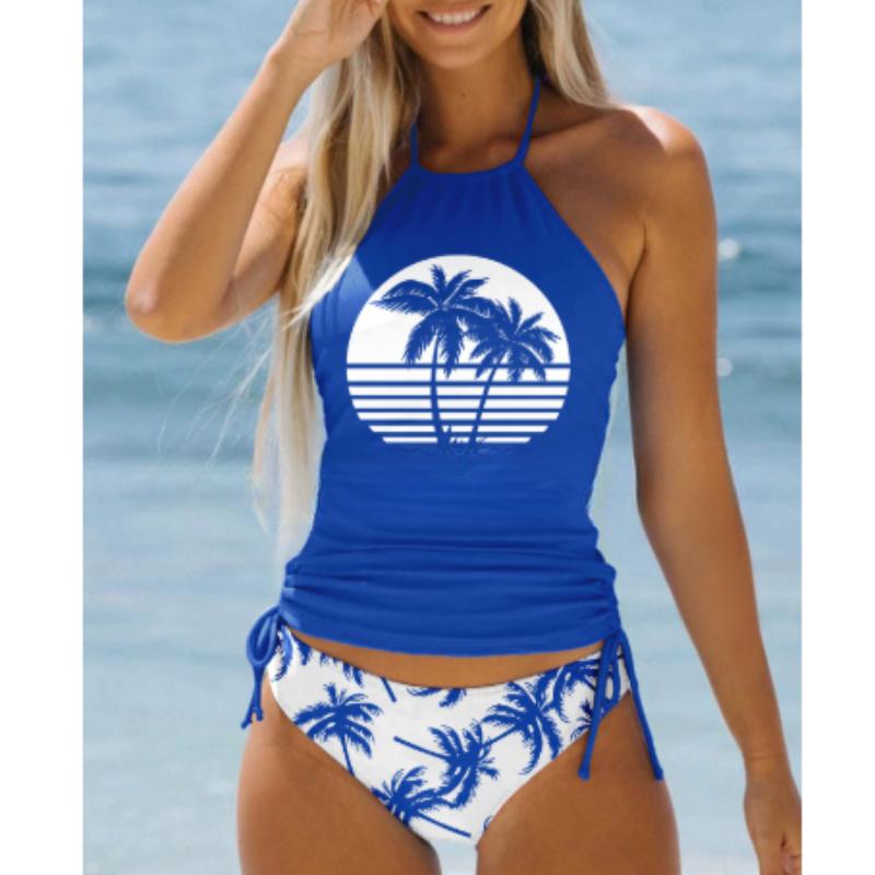 Costum de baie tankini de damă, cu șalter albastru, cu imprimeu arbore de nucă de cocos