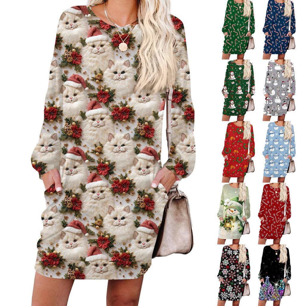 Damska modna sukienka z długim rękawem, z okrągłym dekoltem i kieszenią, w nadruk płatków śniegu