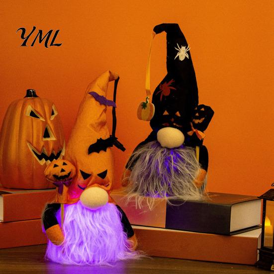 Halloween Plush Gnome Decorations Light Up Decoration, Spooky Orange Black Swedish Tomte Elf Figurine, Tiered Tray Table Decor Cute Glowing Dwarf Doll