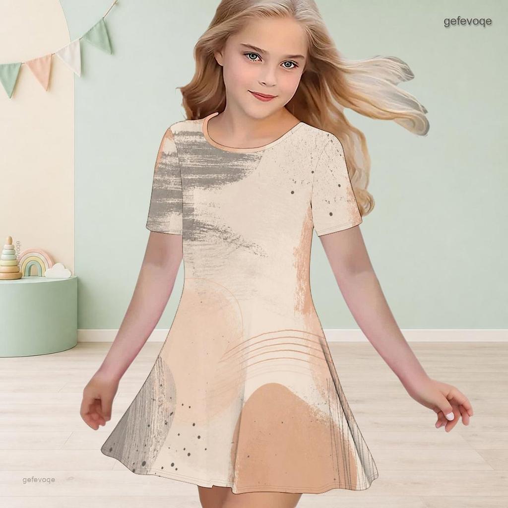 Little Girls Round Neck Short Sleeve Watercolor Printed A Line Flared Dress