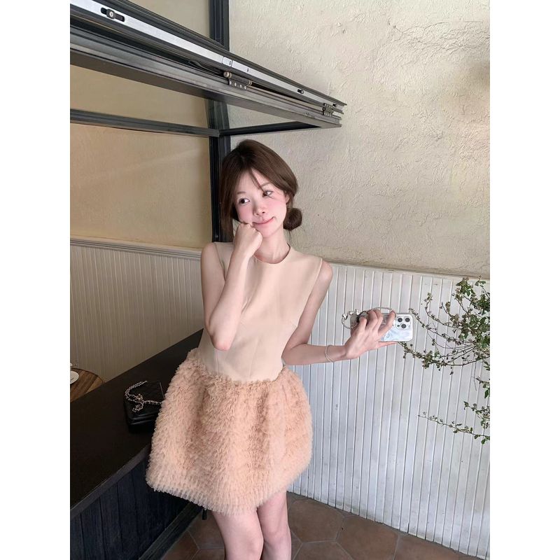 Kumikumi Sweet Wind Heavy Industry Mesh Patchwork Vest Dress Women Summer Slimming Elegant Cake Skirt Short Dress