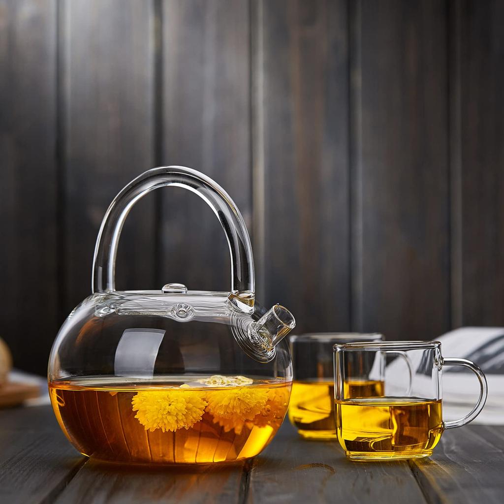 Pokaro Tea Clear Round Teapot, Heat-Resistant Glass Teapot, Shatter-Resistant, Direct Heat Safe, Large Capacity 850ml, Clear Glass, Hand-Shaped