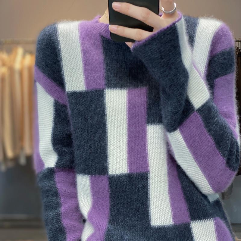 Korean Style Color Block Cashmere Wool Sweater - Women's Casual Round Neck Pullover for Autumn/Winter