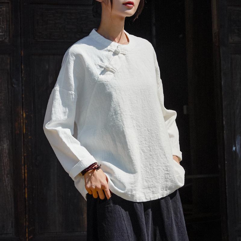

2025 Осень Хлопок Лен Женская Рубашка в Ретро Стиле с Пуговицами-Лягушками и Длинным Рукавом One Size белый