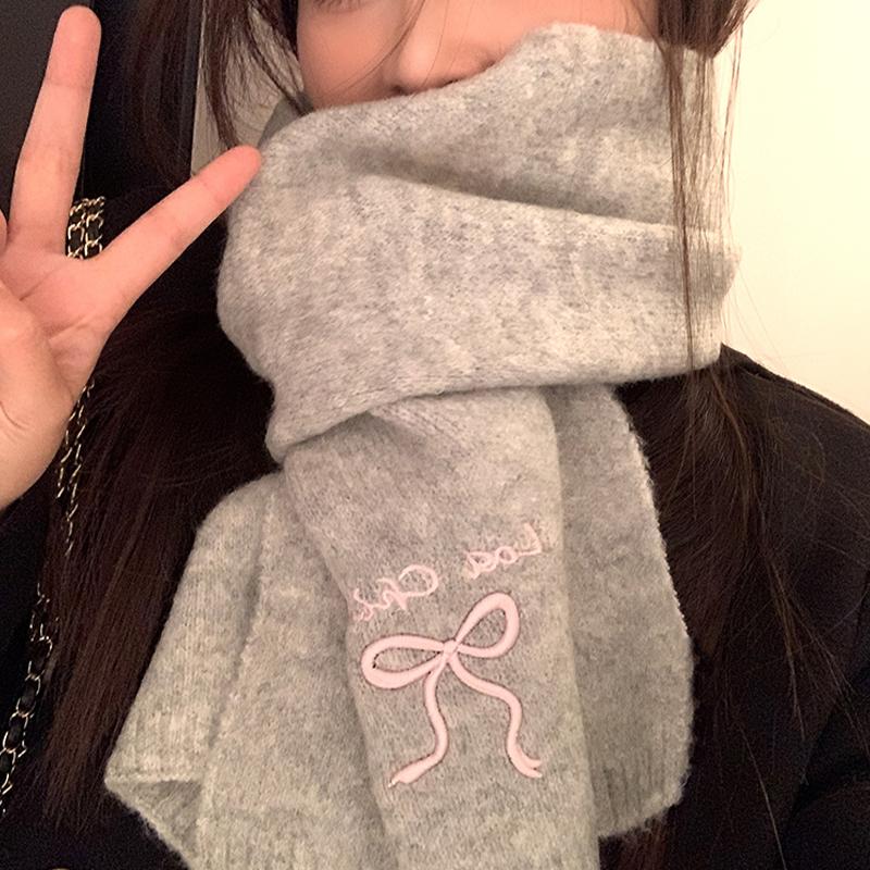 2025 Winter  College Style Imitation Cashmere Scarf Solid Color  Embroidered Bow Couple Scarf