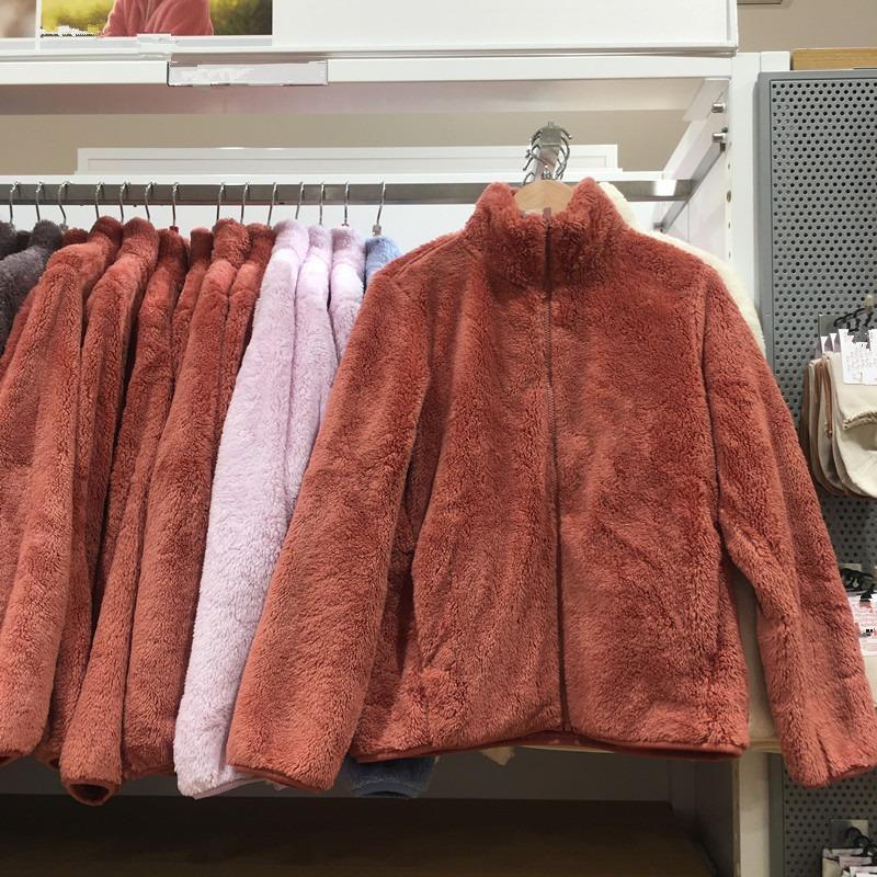 Autumn Winter Long Fleece Coral Fleece Cardigan Stand Collar Polar Fleece Jacket Warm Plush Coat Women