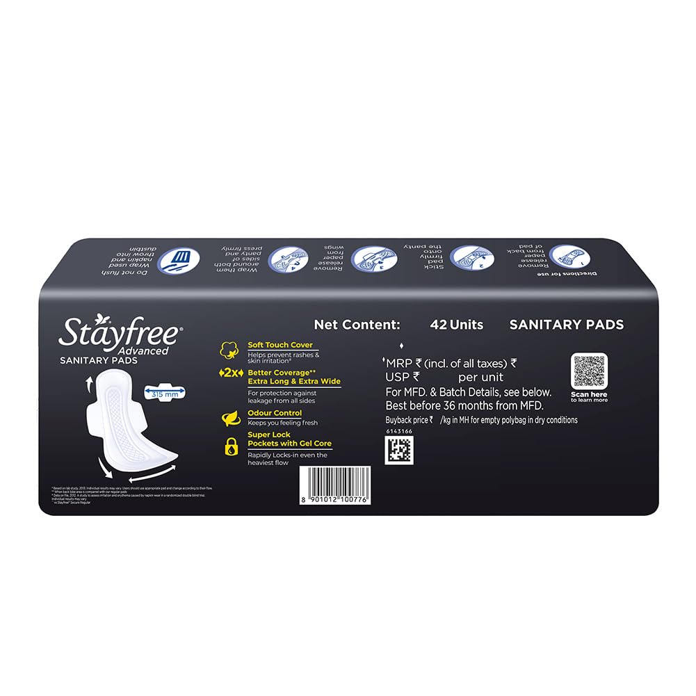 Stayfree Advanced XXL All Night Sanitary Pads | 42 Ultra Thin Pads for Ultra Comfort | 40% Longer | Ideal for Heavy Flow