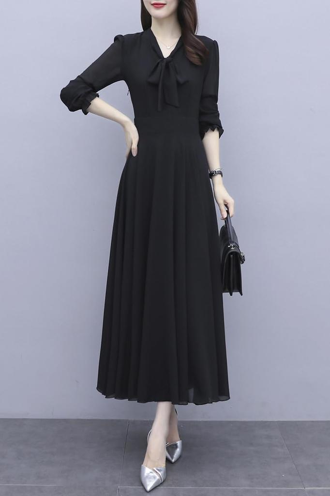 Long Chiffon Long Commuting [Chubikime] Dress, Sleeve, Women's, Spring, Summer, Autumn, A-Line, Simple, Solid, Ribbon, V-Neck, Elegant, Slimming,