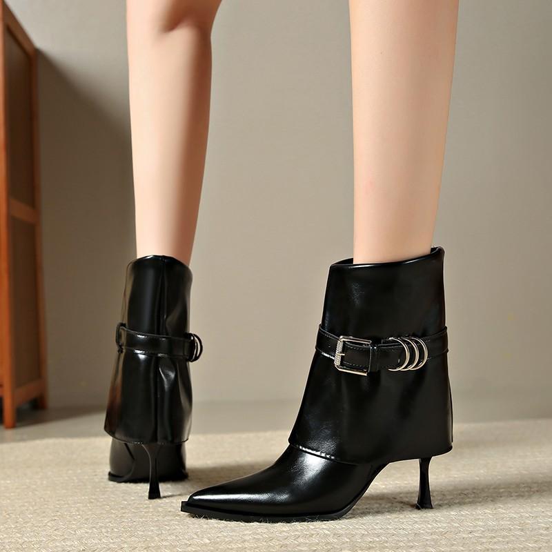 Trend metal buckle pointed heel fashion boots 0000 autumn and winter new short boots large size high heel trousers boots women