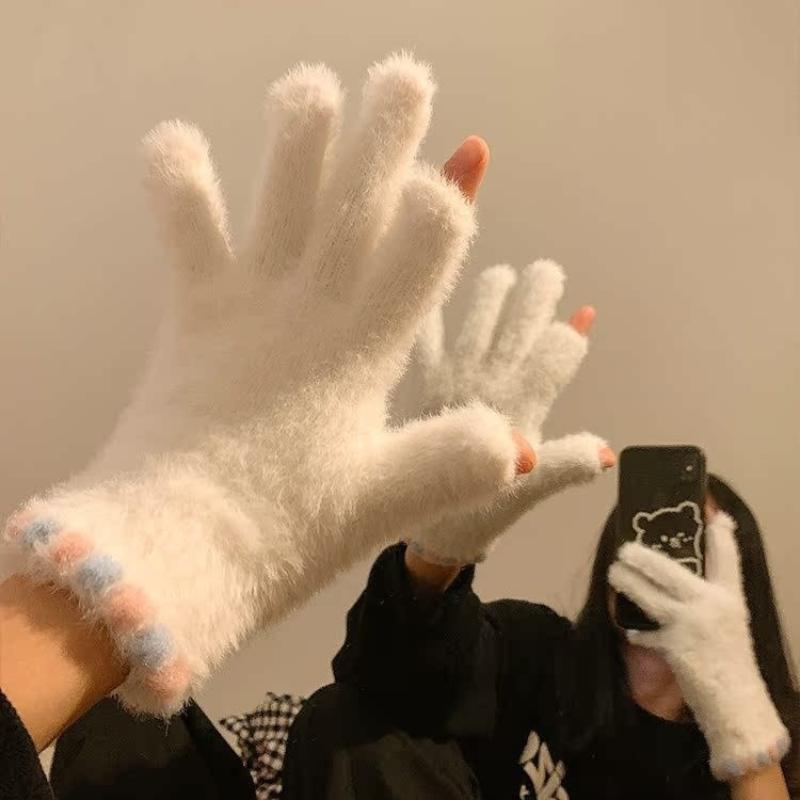 Cute Open Finger Touch Screen Plush Five Finger Gloves For Women In Winter, Warm And Thick Velvet For Cycling Students