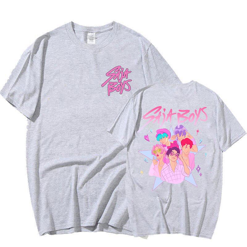 

Новая футболка с принтом Saja Boys, с коротким рукавом, с круглым вырезом, свободная, женская, мужская, летняя, прохладная футболка, аниме, K-pop, футболка с охотниками на демонов, топы M