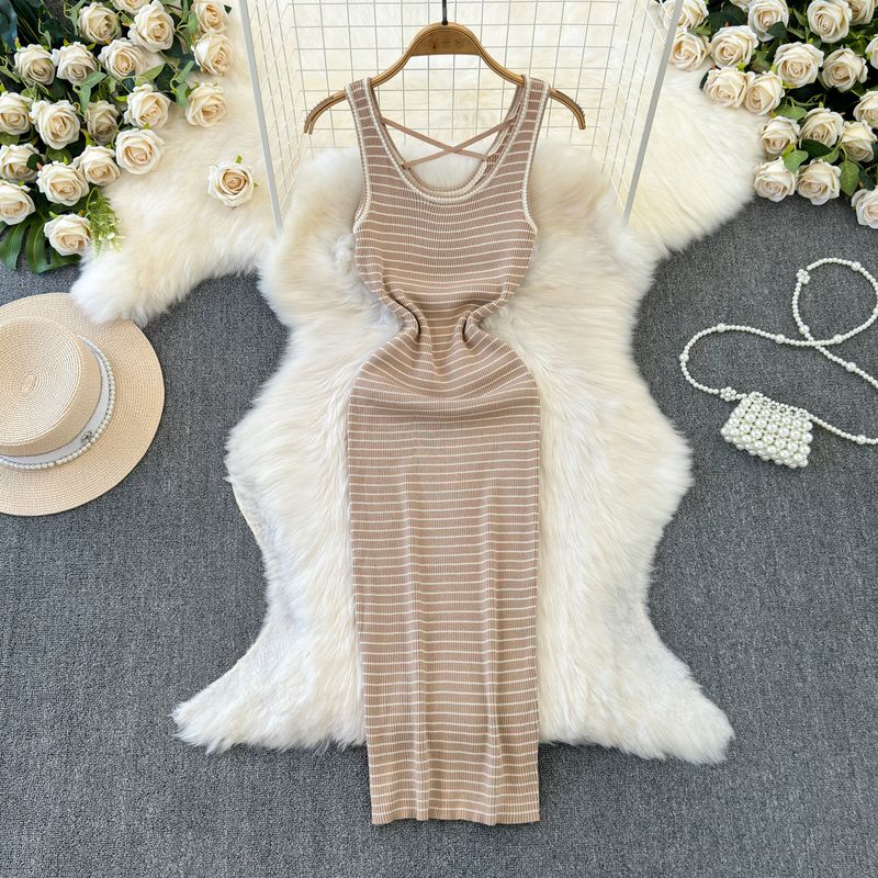 

Stripes Waist-Controlled Base Inner Wear Vacation Spaghetti Straps Dress Khaki All yards