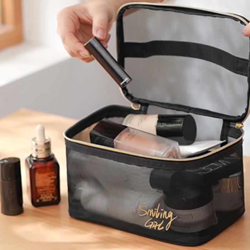 1Pc Black Mesh Cosmetic Bag Small Large Makeup Bags Zipper Pouch For Offices Travel Storage Bags Toiletry Bags Makeup Pouch