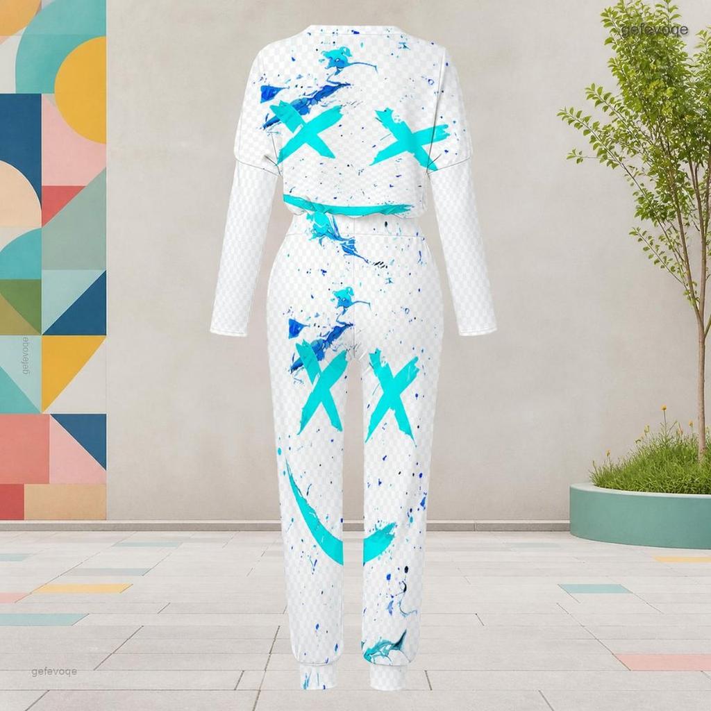 Women Plus Size Patchwork Printed Round Neck Long Sleeve Cuffed Top And Pants With Pockets Two Piece Set