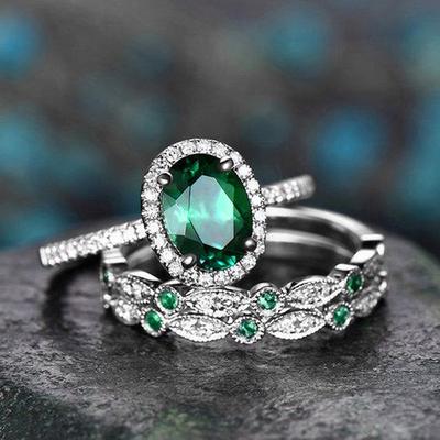 Huitan 3Pcs Set Oval Green Zirconia Rings Female Luxury Detachable Wear Lady  Gorgeous Finger Accessories for Anniversary