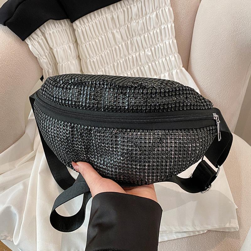 

Bag 2025 new summer versatile rhinestone fanny pack chain diamond-encrusted breast bag diamond shoulder messenger bag чорний