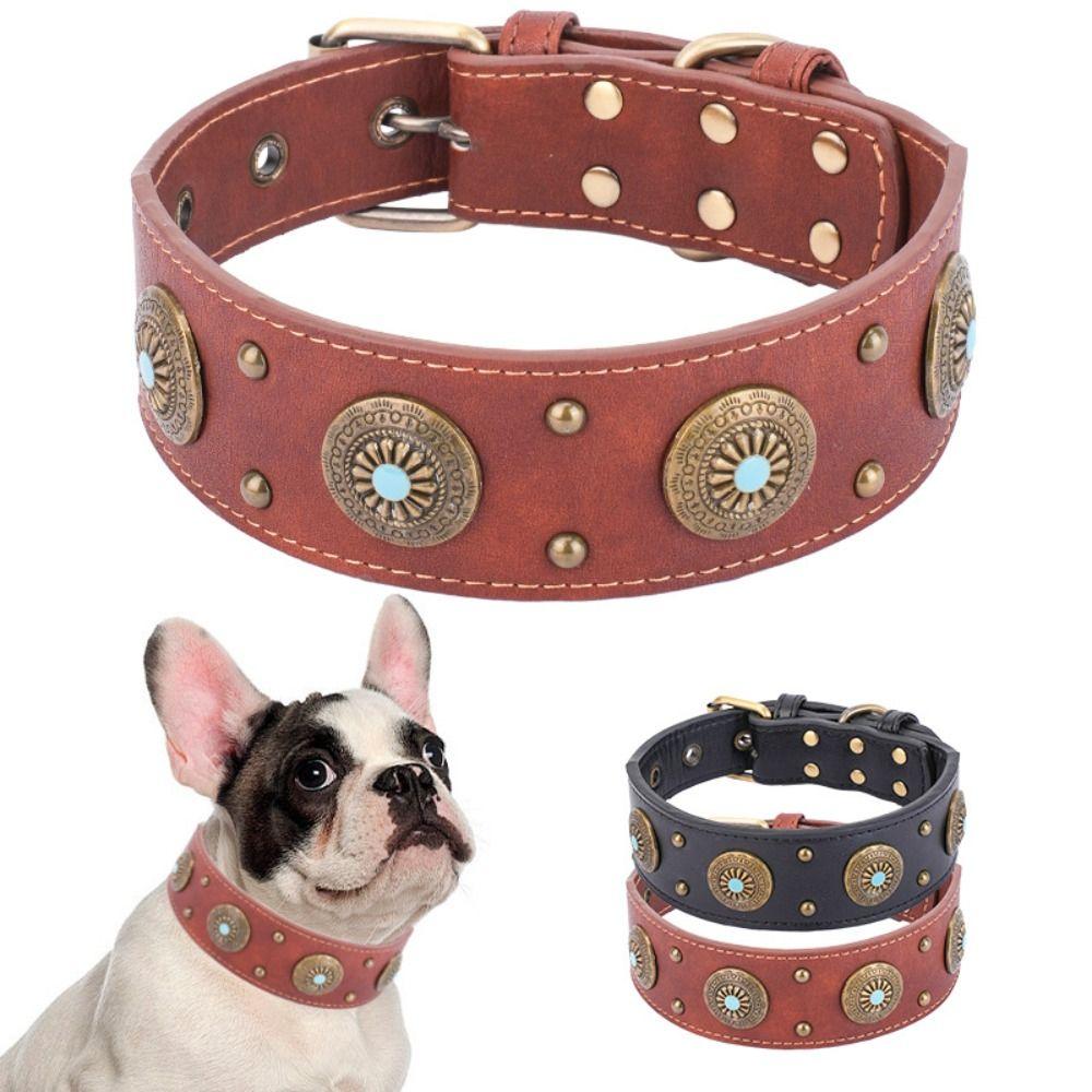 Vintage Leather Dog Collar Exquisite Puppy Necklace Bulldog Pet Collar  Medium Large-sized Dog