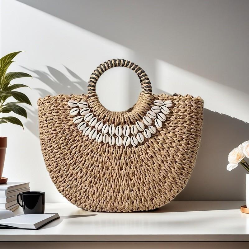 New Portable Shell Straw Woven Bag Moon Handmade Semicircular Handbag Vacation Beach