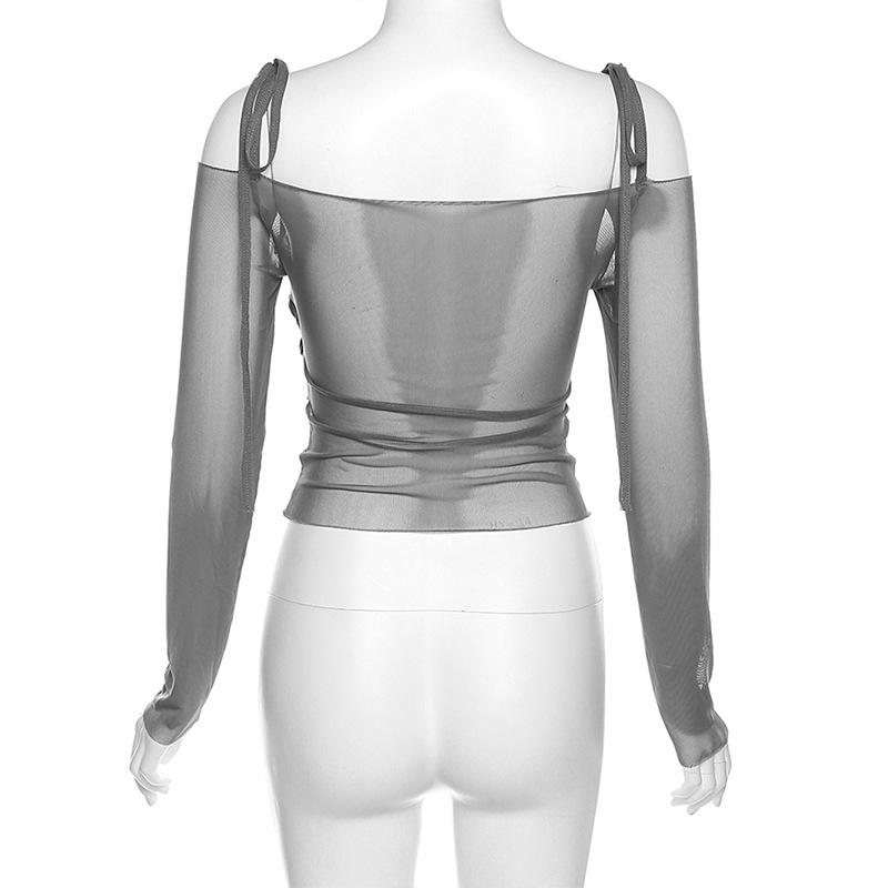 Solid Slash Neck Crop Tops Sexy Off Shoulder Straps Long Sleeve T-Shirts Slim Mesh Tees Y2K Streetwear Women