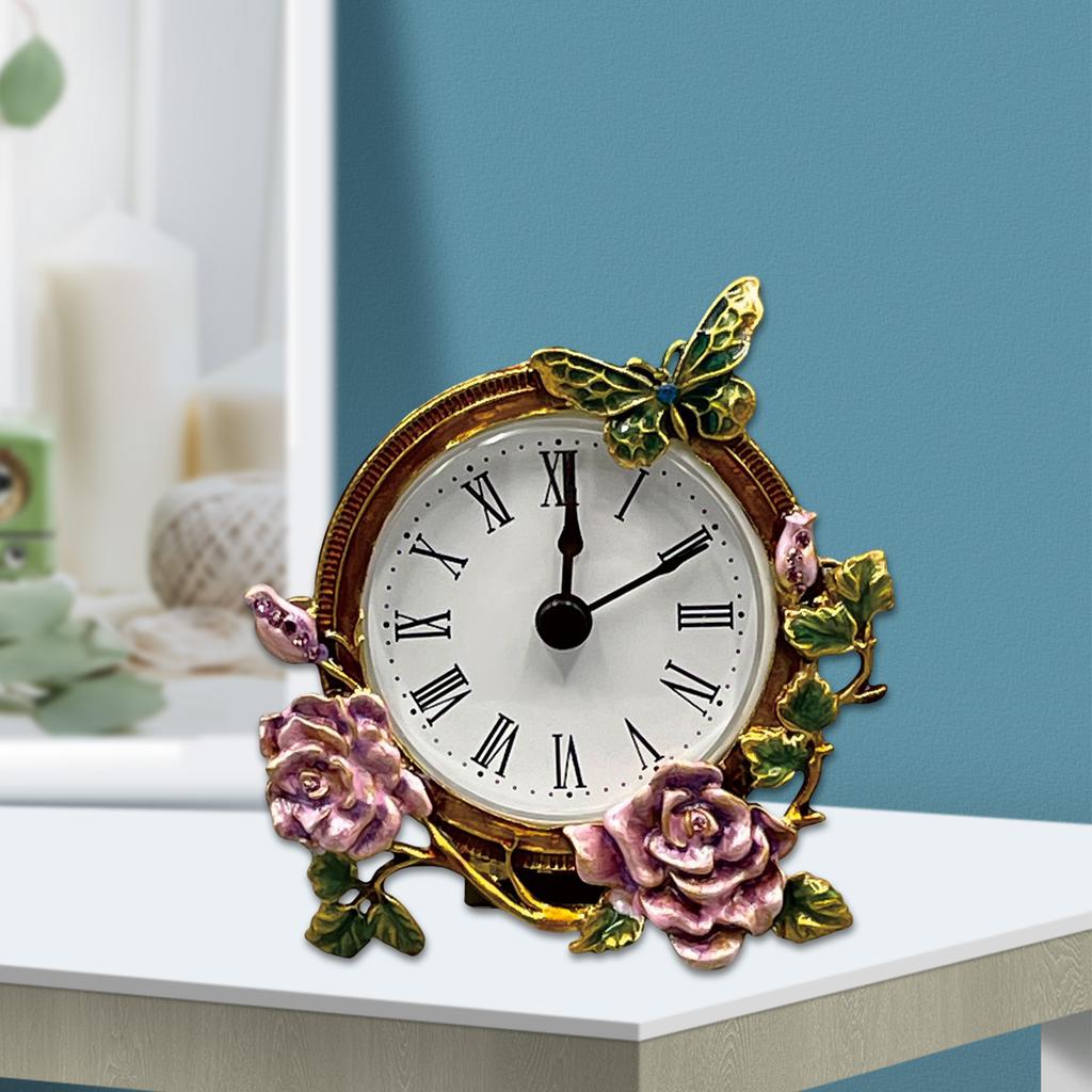 Vintage Mini Table Clock Quiet Analog Design Handpainted Metal Floral Butterfly Body Desk Clock for Bedroom and Office