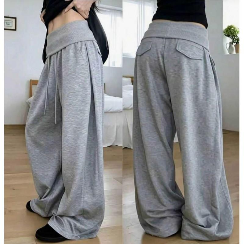 Womens High-Waisted Wide Leg Pants Fall Loose Drape Drawstring Casual Trousers Side Button Design