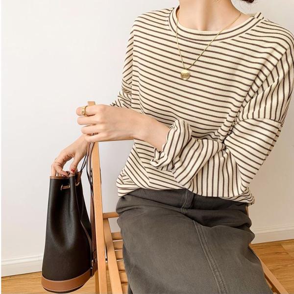 Women's Striped Loose Long-Sleeve T-Shirt – Round Neck, Versatile Top for Spring, Autumn, and Winter