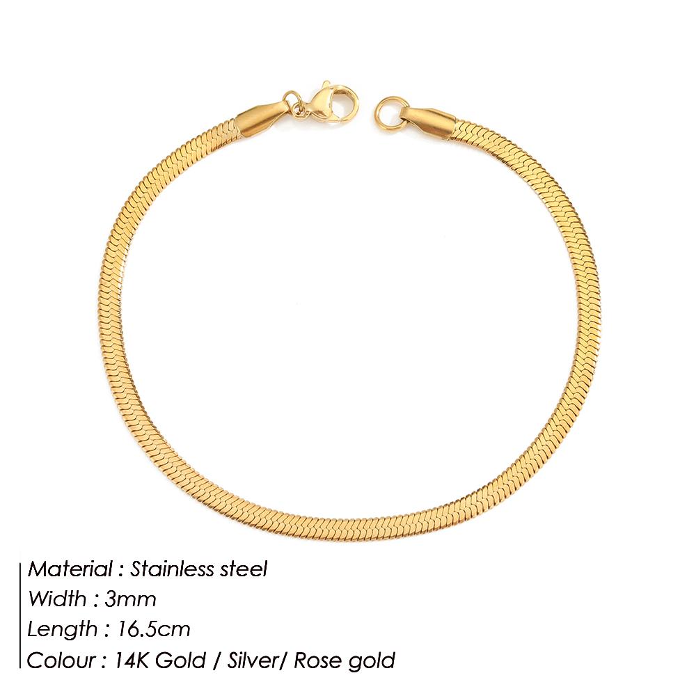EManco No Fade Waterproof Titanium Steel Flat Snake Bone Chain Bracelets Punk Gold Plated Stainless Steel  Snake Chain Bracelet 16.5 18 19&14k-gold