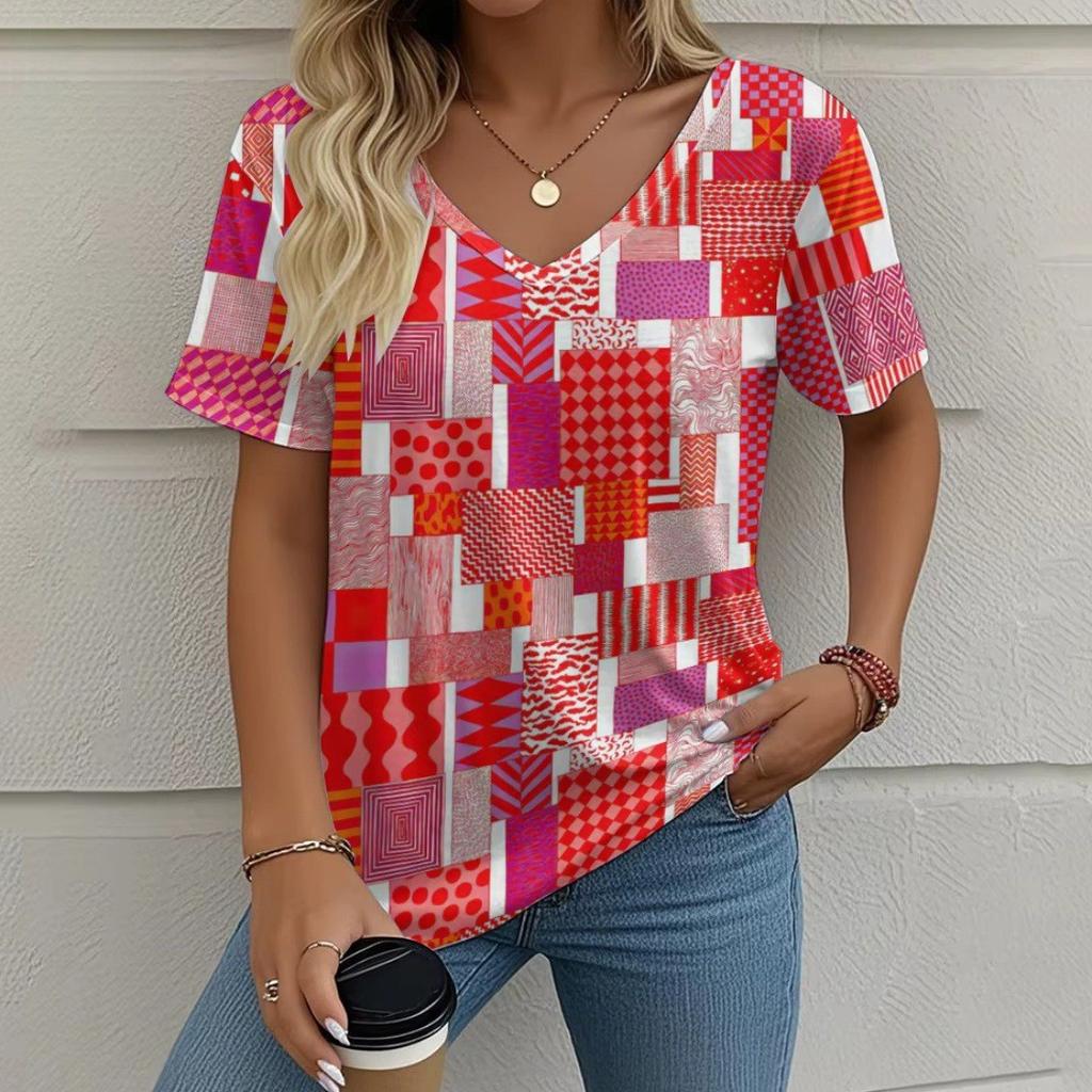 Summer V-neck 3D Color Blocking Printed Top Fashionable Casual Short Sleeved Women's T-shirts