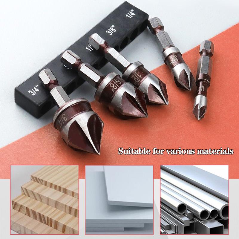 5Pcs/set Hexagonal Shank Five-edge Chamfer 82 ° Chamfer Knife Woodworking Chamfer Screw Countersunk Head Countersink Drilling Wood Centering