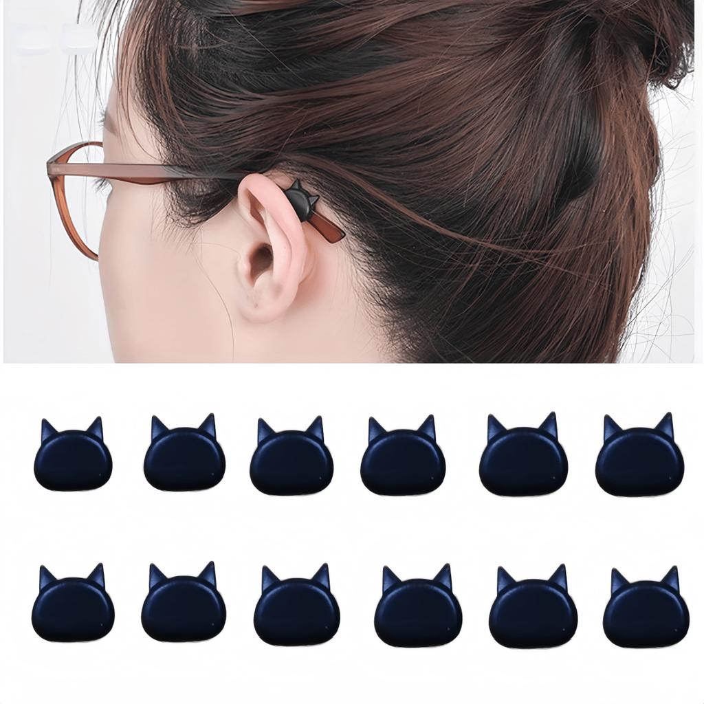 12 Pcs Cute Black Cat Ear Anti-Slip Glasses Ear Grips, Soft Silicone Eyeglasses Temple Covers To Prevent Slipping